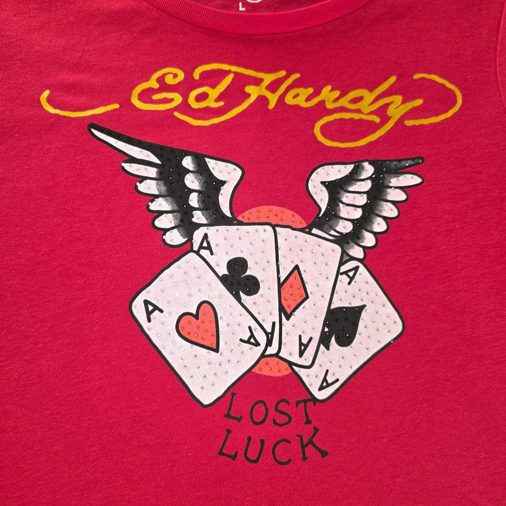Ed Hardy Red Lost Luck Graphic Rhinestone Crop Top Tee Size Large